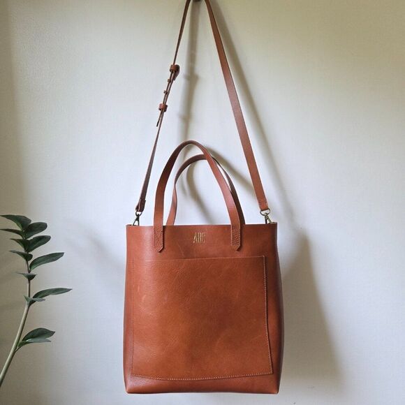 LIKE NEW MADEWELL ABC GOLD STAMPED GENUINE LEATHER SLING TOTE MED-LARGE - Picture 1 of 16